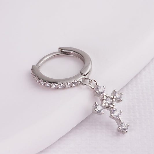 INAGIO  925 silver diamond gothic cross hoop earring