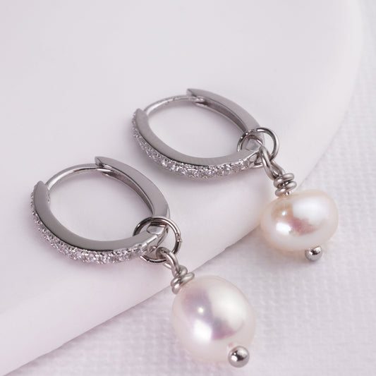 INAGIO 925 silver diamond and pearl hoop set